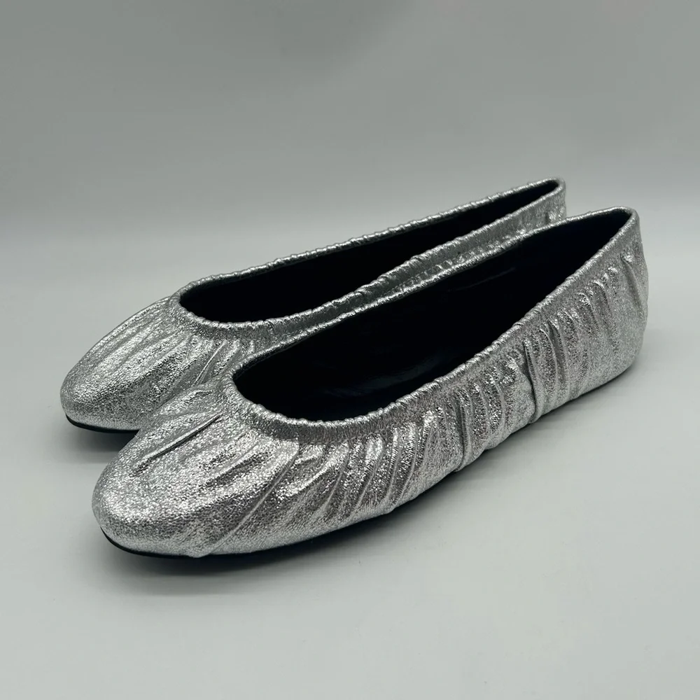 Rebecca Minkoff Ruched Silver Metallic Ballerina Flats Size 8.5 NEW With Box